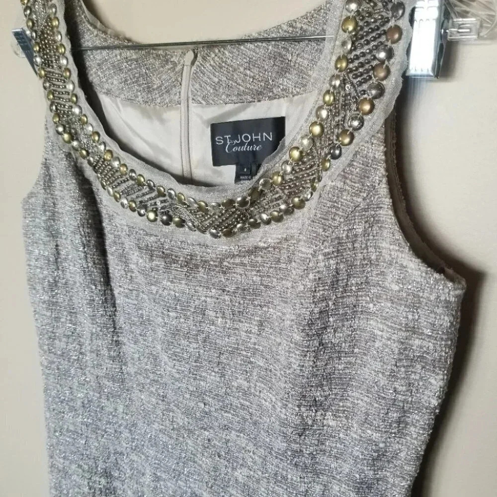 St. John Couture 8 Blazer Dress Set Embellished Metallic Grey Silver - Picture 13 of 15